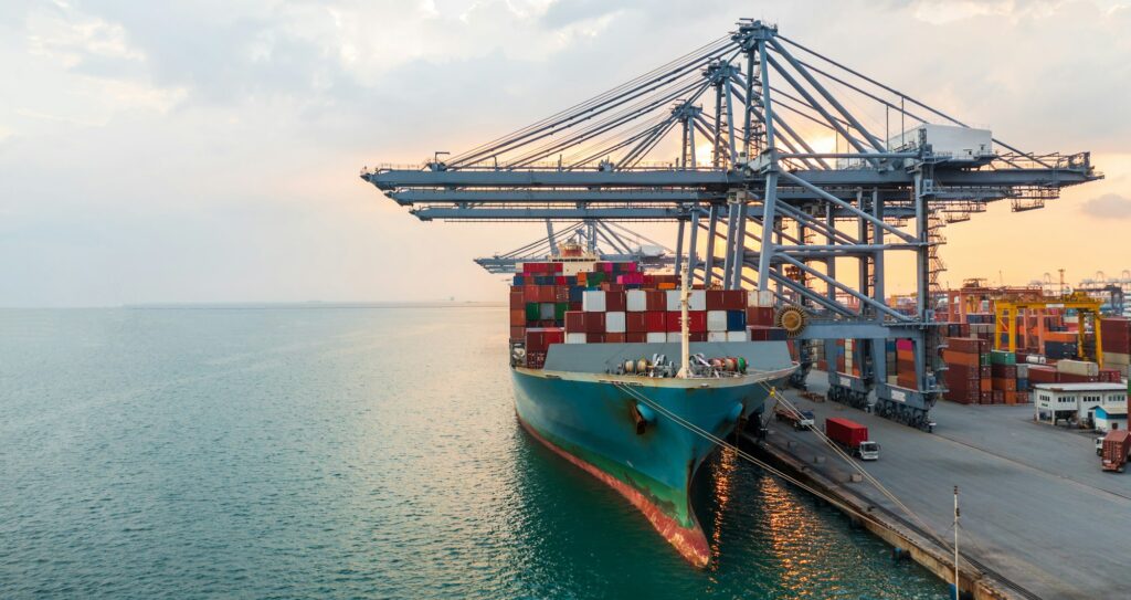 Container ship global business freight import export logistic transportation.